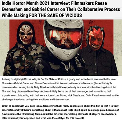 Indie Horror Month 2021 Interview: Filmmakers Reese Eveneshen and Gabriel Carrer on Their Collaborative Process While Making FOR THE SAKE OF VICIOUS